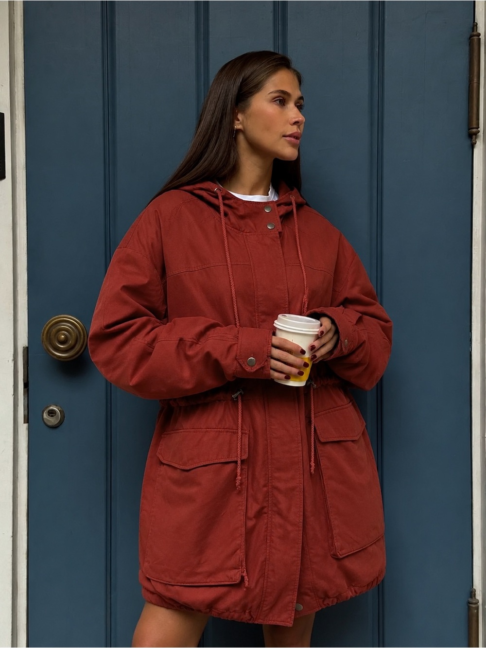 Forever 21 Red Hooded Drawstring Utility Parka Lightweight Jacket Size S